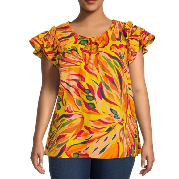 Terra & Sky Tops - Terra & Sky Ruffle Sleeve Top Multicolor Size 3X (24W-26W)
